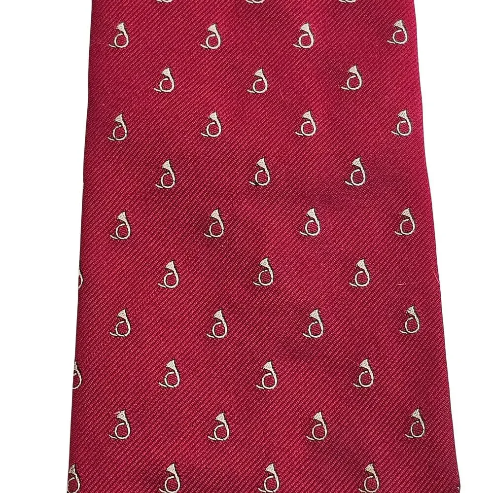 Mens Red Silk Necktie White French Horn Micro Pattern Classic Tie 58” 3.75”